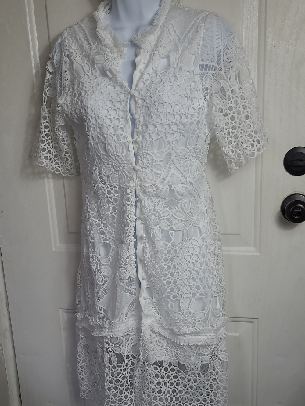 Women’s White Crochet Midi Dress with Button Front